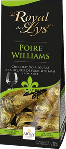Pear-shaped dark chocolates filled with Poire Williams Brandy. Brand: Abtey, France.