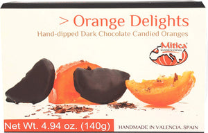 Orange Delights Box. Fresh oranges dipped in dark chocolate 55%. Brand: Caro, Spain.