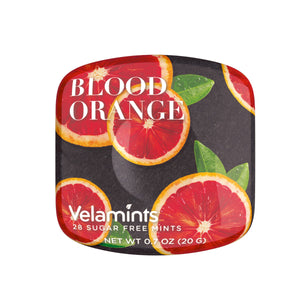 Blood Orange Mints Tin. Sugar-free flavorful breath fresheners. GMO and Gluten Free. No Artificial Flavors and Colors. Brand: Velamints, Canada.