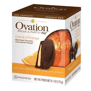 Creme d’Orange Dark Chocolate. Orange-shaped ball of 20 pieces, dark chocolate filled with orange creme. Brand: Ovation, Canada.