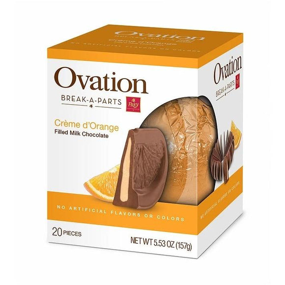 Creme d’Orange Milk Chocolate. Orange-shaped ball of 20 pieces, milk chocolate filled with orange creme. Brand: Ovation, Canada.