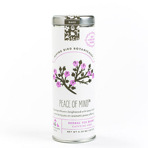 Peace of Mind - 6 Tea Bag Tin - Herbal Blend. Organic Certified. Caffeine Free. Brand: Flying Bird Botanicals, USA.