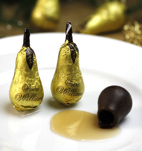 Poire 4 pear-shaped dark chocolates filled with Poire Williams Brandy. Packed in an organza bag. Brand: Abtey, France.