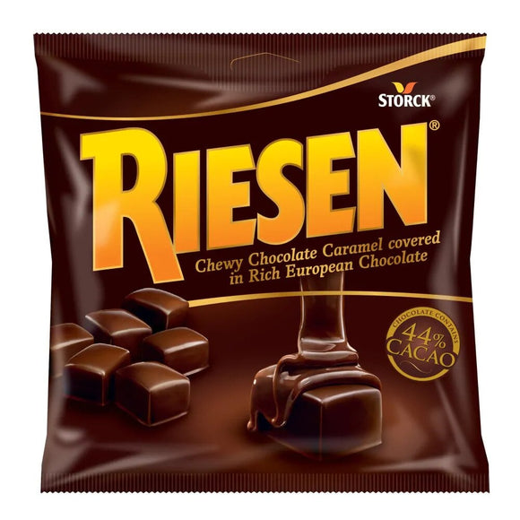 Chocolate Covered Caramels Bag. Caramel in dark chocolate. Cacao content is 44%. Brand: Riesen, Germany.