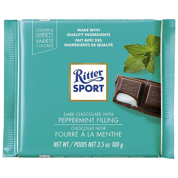 Dark Chocolate Peppermint Bar. Premium dark chocolate is filled with refreshing peppermint fondant. Brand: Ritter, Germany.