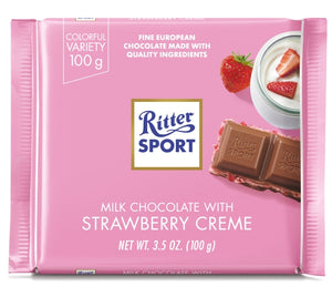 Milk Chocolate With Strawberry Creme Bar. Filled with strawberry yogurt mousse and crunchy rice crisps. Brand: Ritter, Germany.