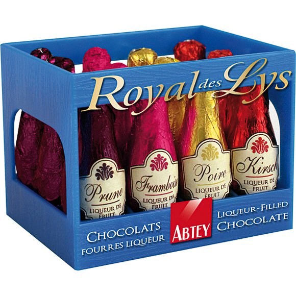 Assortment of 12 bottle shaped truffles filled with different brandies. Brand: Abtey, France.