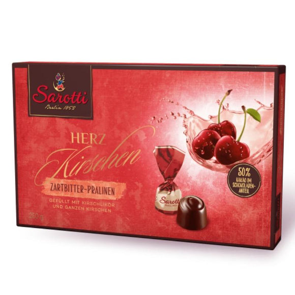 Dark Chocolate Covered Liquor Cherries Box. Pralines filled with a whole cherry and liquor. Brand: Sarotti, Germany.
