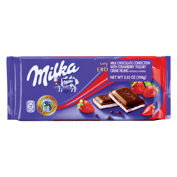 Strawberry Yogurt Milk Chocolate Bar. Made with Swiss milk. Brand: Milka, Switzerland.