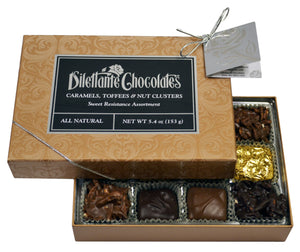 Sweet Resistance Premier Assortment Gift Box - 12 Piece. Assortment of dark, milk, and white chocolate. All natural. Brand: Dilettante, USA.