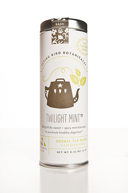 Twilight Mint - 6 Tea Bag Tin - Herbal Blend. Organic Certified. Caffeine Free. Brand: Flying Bird Botanicals, USA.