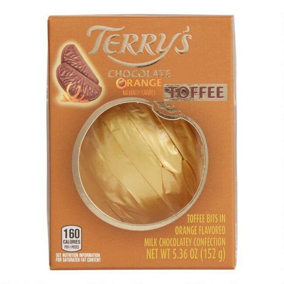 Milk Chocolate Orange Toffee. Orange-shaped ball of 20 pieces, milk chocolate with orange oil and toffee, molded into segments. Brand: Terry’s, England.