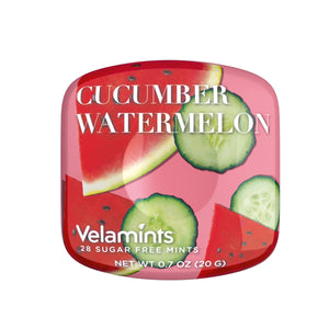 Cucumber Watermelon Mints Tin. Sugar-free flavorful breath fresheners. GMO and Gluten Free. No Artificial Flavors and Colors. Brand: Velamints, Canada.