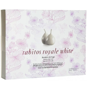White Chocolate Figs - 12-Piece Box. Dried figs dipped in white chocolate. Gluten free. Brand: Rabitos, Spain.
